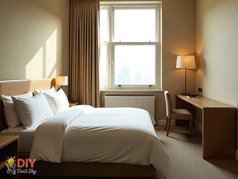 Planning scene image showing enter the room and check available surfaces before decorating a hotel room for birthday.