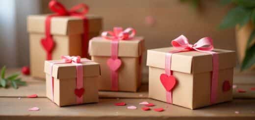 Handmade Valentine boxes made from paper and cardboard arranged on a craft table for Valentine celebrations.