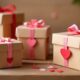 Handmade Valentine boxes made from paper and cardboard arranged on a craft table for Valentine celebrations.