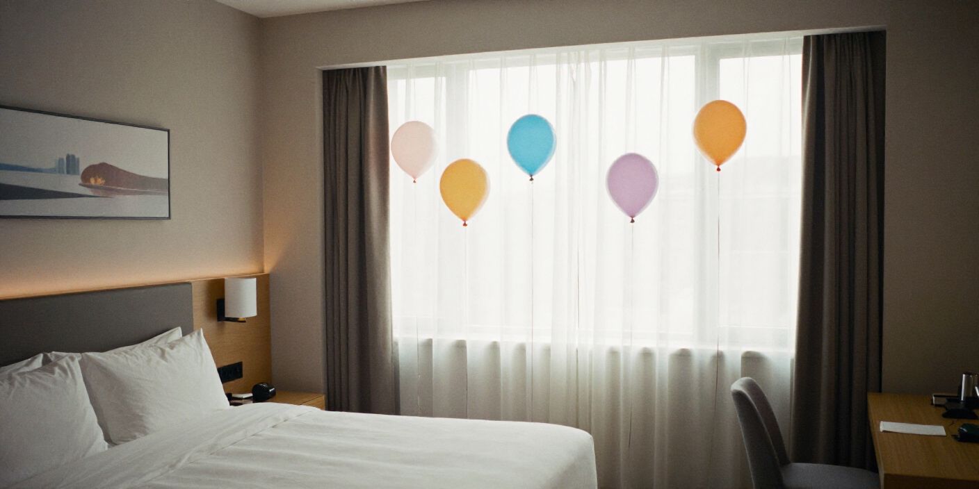 Hotel room birthday decoration with balloons, banner, and soft lighting