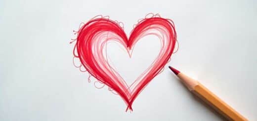 Realistic top-view drawing of a Valentine heart with pencil guidelines on white paper.