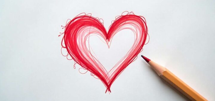 Realistic top-view drawing of a Valentine heart with pencil guidelines on white paper.