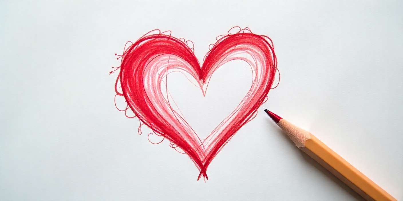 Realistic top-view drawing of a Valentine heart with pencil guidelines on white paper.
