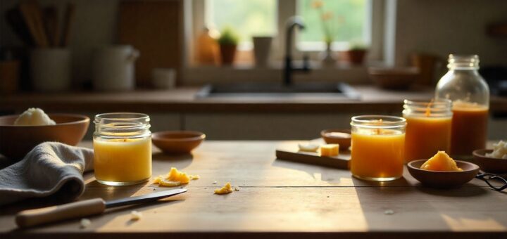 Old candles prepared for reuse with simple tools on a clean home workspace