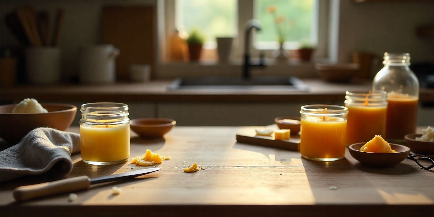 Old candles prepared for reuse with simple tools on a clean home workspace