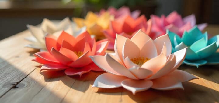 Glue-free paper flowers created using folded paper only, displayed on a wooden table in natural light