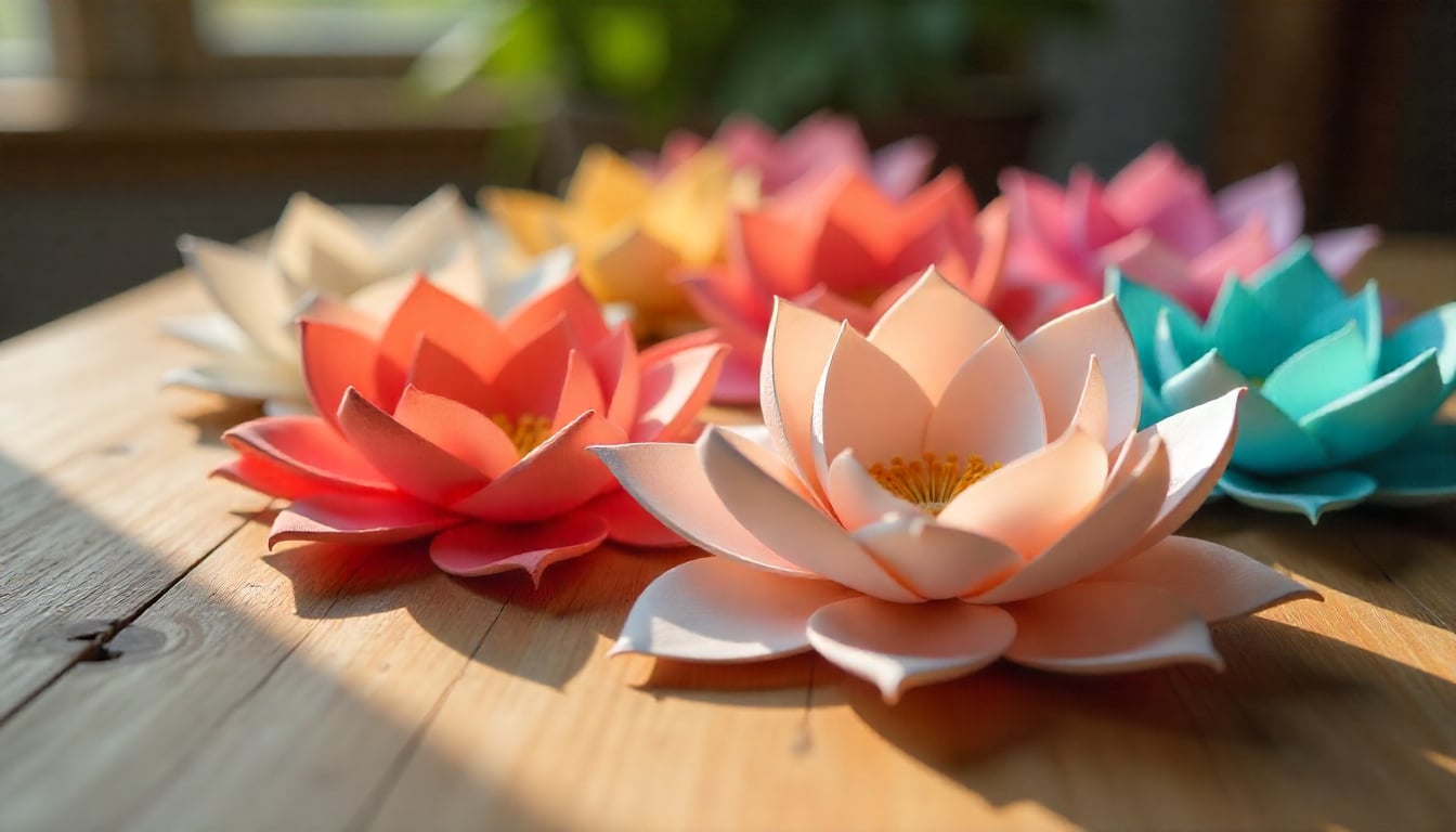 Glue-free paper flowers created using folded paper only, displayed on a wooden table in natural light