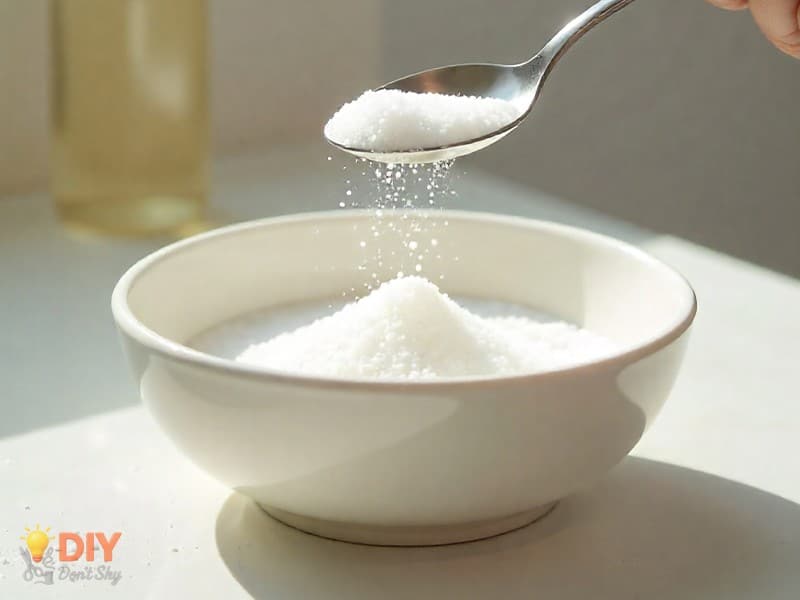 Salt being slowly added to shampoo in a bowl while stirring to make slime.