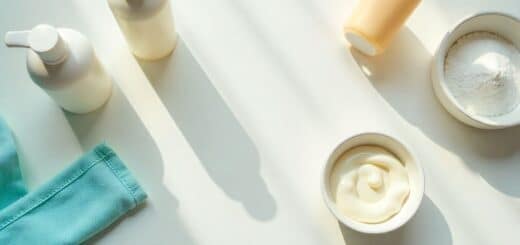 Realistic household ingredients arranged for making slime without adhesive, including shampoo, salt, lotion, toothpaste, and conditioner on a clean table.