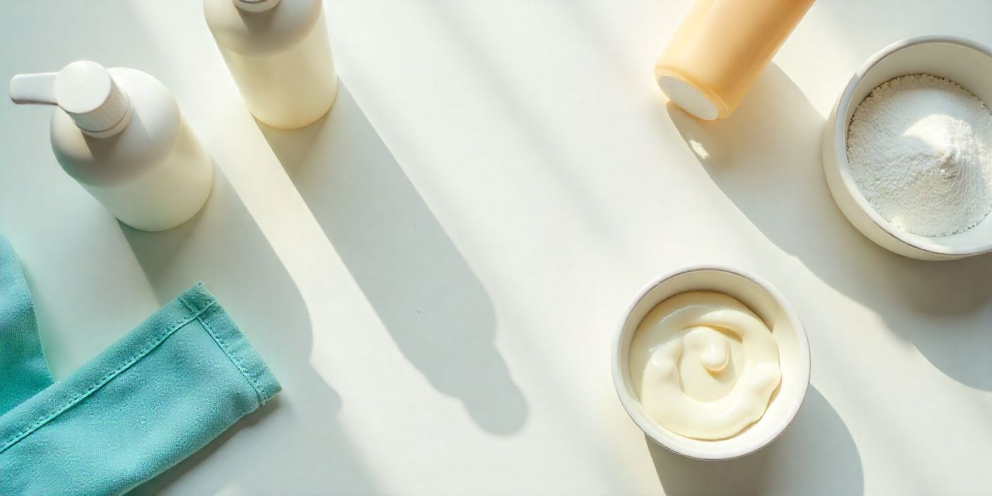 Realistic household ingredients arranged for making slime without adhesive, including shampoo, salt, lotion, toothpaste, and conditioner on a clean table.