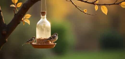 Simple handmade bird feeders made from everyday items hanging outdoors with small birds gathered around.