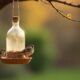 Simple handmade bird feeders made from everyday items hanging outdoors with small birds gathered around.
