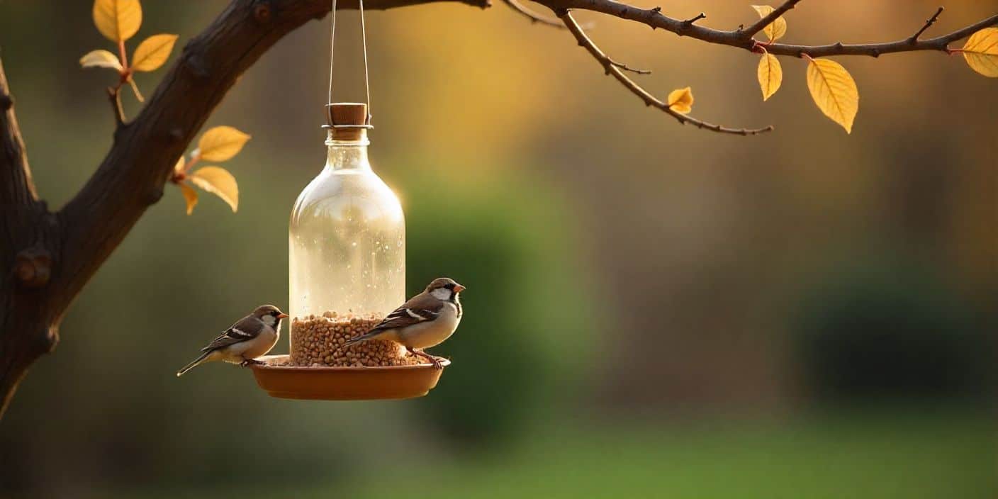 Simple handmade bird feeders made from everyday items hanging outdoors with small birds gathered around.