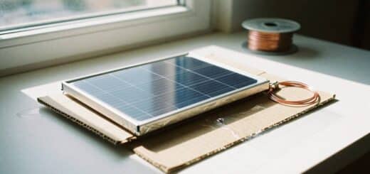 Homemade solar panel made from aluminum foil, copper wire, and cardboard under sunlight.