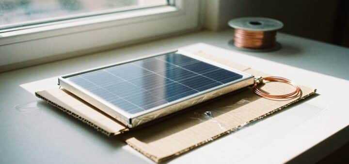 Homemade solar panel made from aluminum foil, copper wire, and cardboard under sunlight.