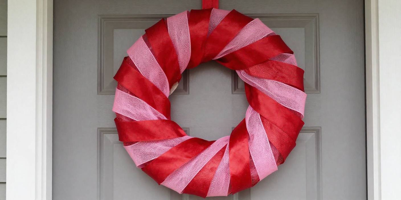 Valentine wreath made with deco mesh and ribbon displayed on a front door