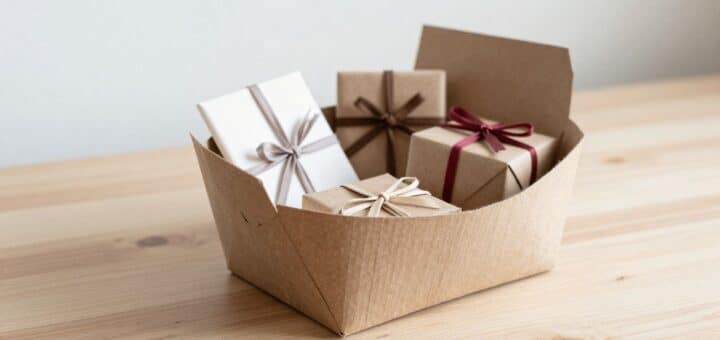 Valentine baskets made from woven paper strips filled with small gifts on a table
