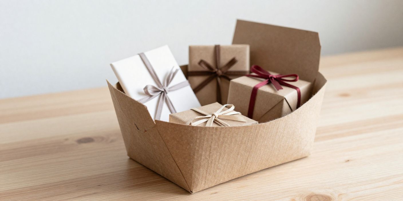 Valentine baskets made from woven paper strips filled with small gifts on a table