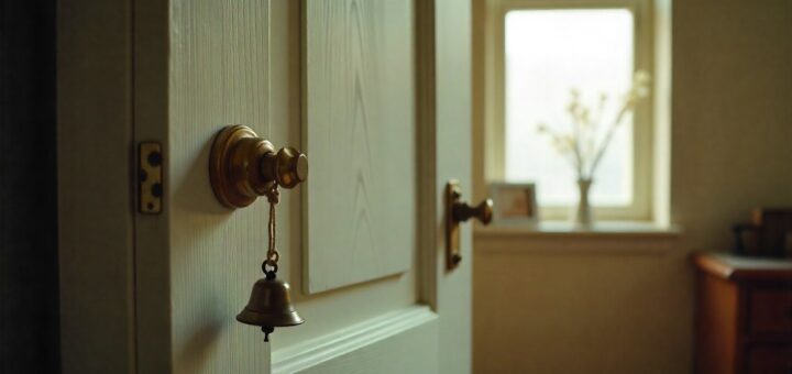 DIY door alarm with household items attached to a door handle using string and bell