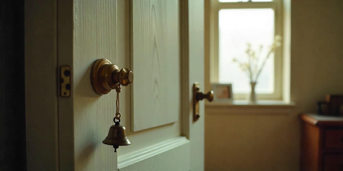 DIY door alarm with household items attached to a door handle using string and bell