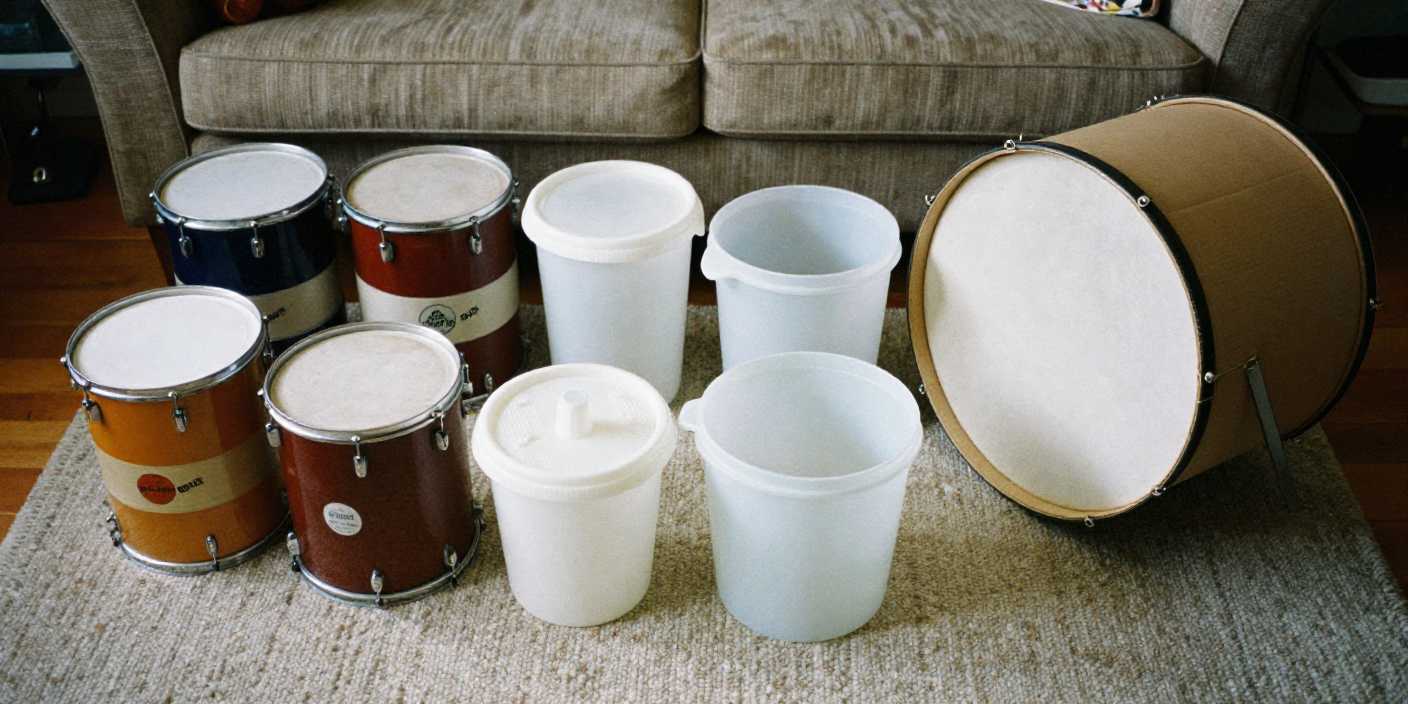 Homemade drum set built from household items for school projects