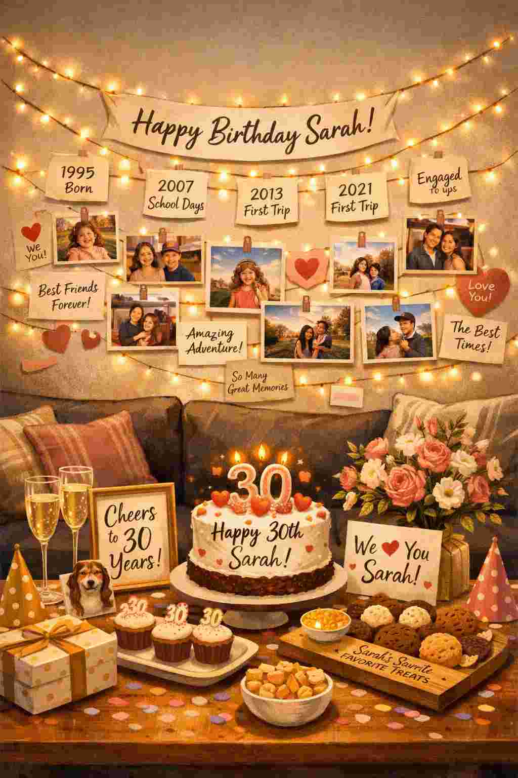 Personalized birthday memory wall with photos notes fairy lights and customized decorations in living room birthday party setup