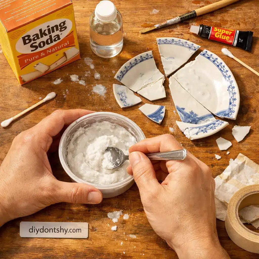 Hands mixing baking soda and liquid to create a homemade glue mixture used for repairing broken objects.
