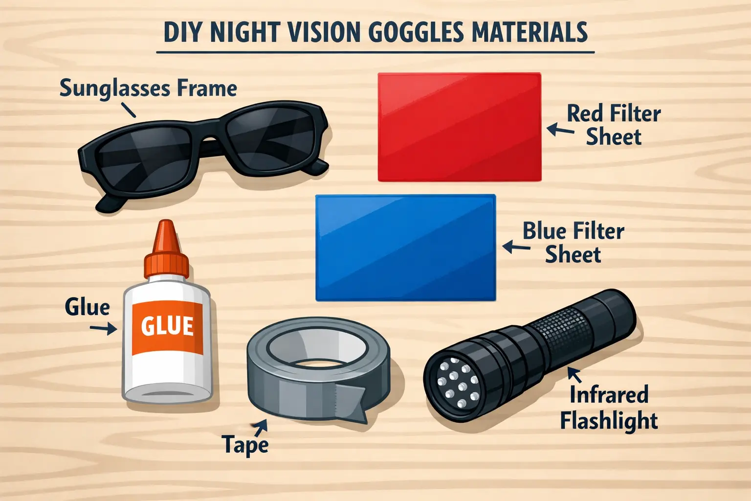 Basic materials needed to build simple DIY night vision goggles at home