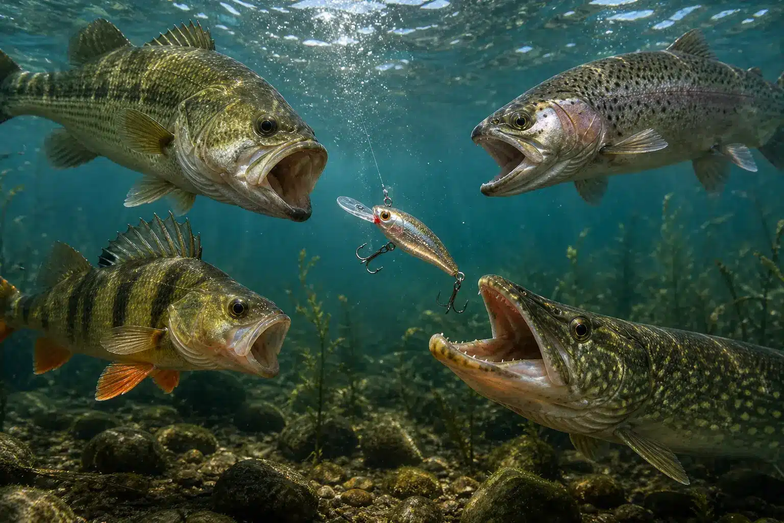 Fish reacting to a homemade fishing lure underwater.