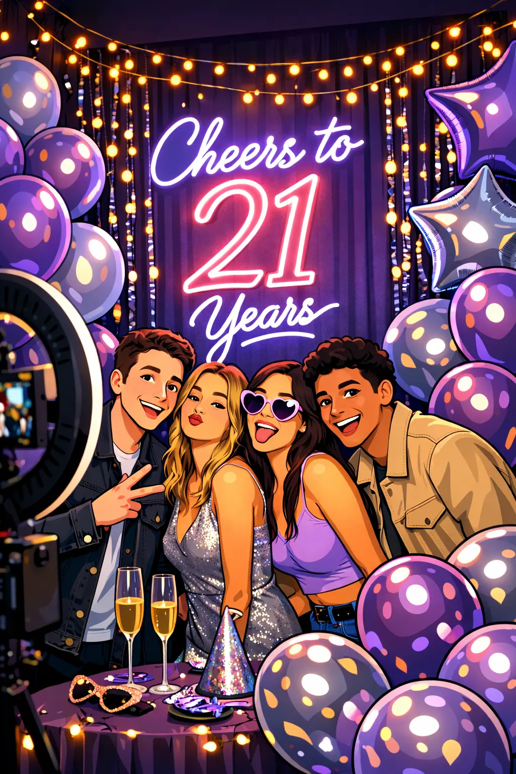 21st birthday neon sign with glowing lights and modern party photo booth setup