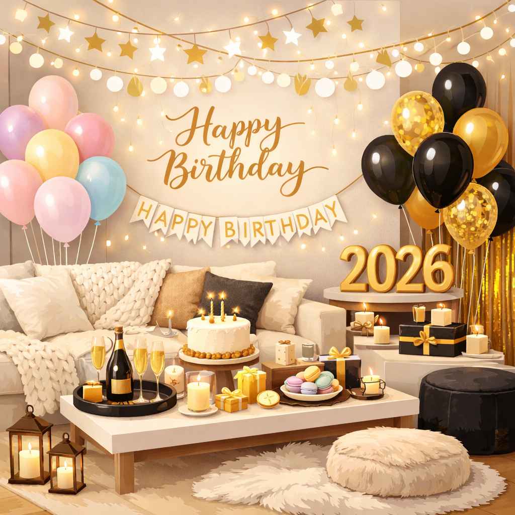 Living room birthday party decoration ideas showing minimalist white and gold theme, pastel aesthetic setup, black and gold luxury balloons, and cozy soft life birthday theme inspiration for home celebrations