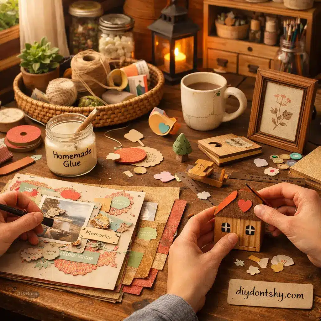 Creative DIY home projects using homemade glue including crafts, paper art, and small repairs in a cozy workspace.