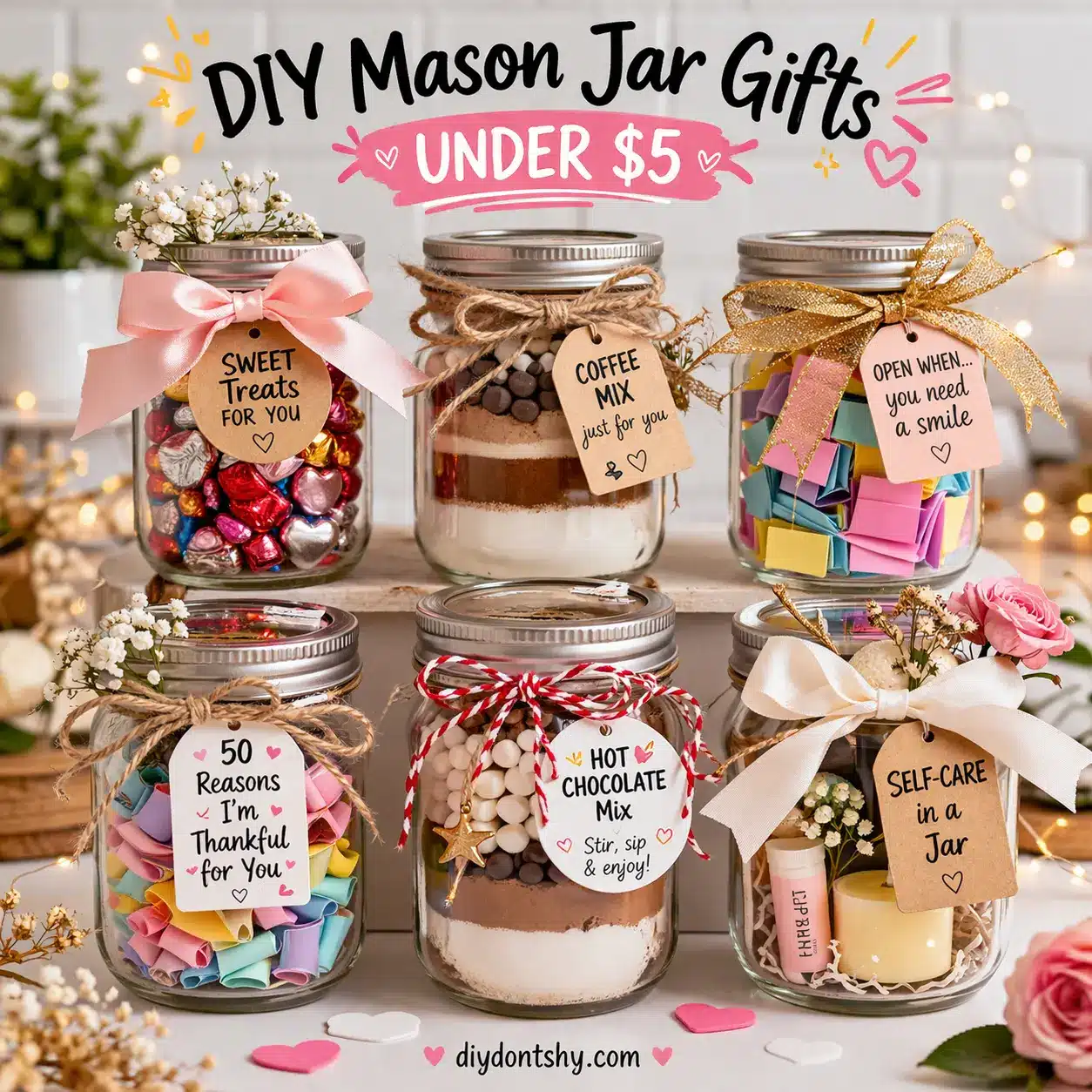 Decorated mason jars filled with creative DIY gift ideas like candy and notes under $5