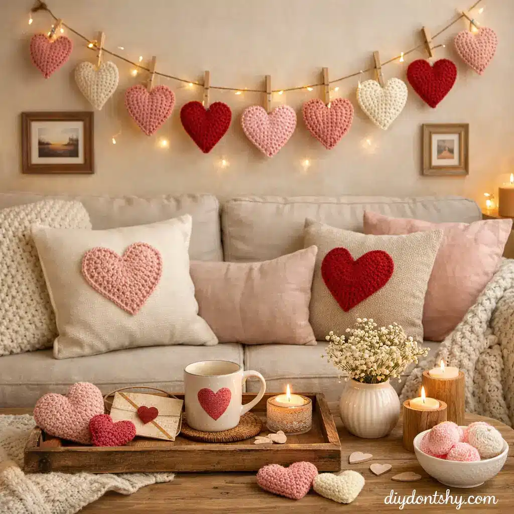 Cozy home decorated with crochet heart garlands and handmade Valentine's decorations