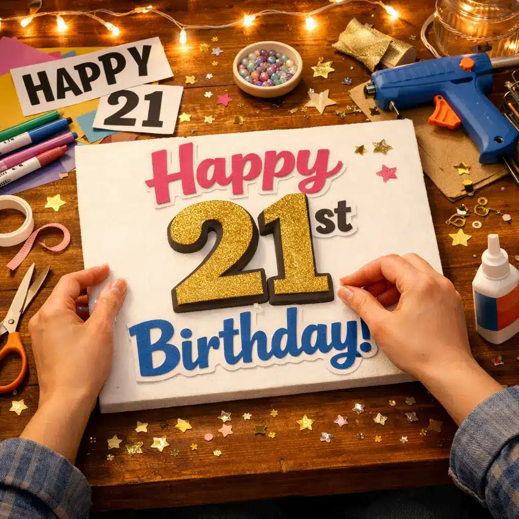 DIY 21st birthday sign being made with craft materials on a table