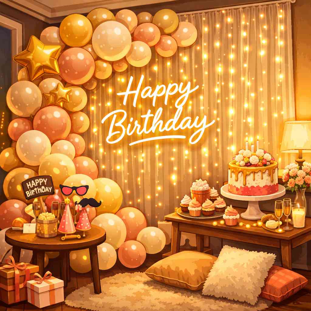 Living room birthday party photo corner with balloon backdrop, neon happy birthday sign, and decorated cake table creating a stylish statement area for home celebration