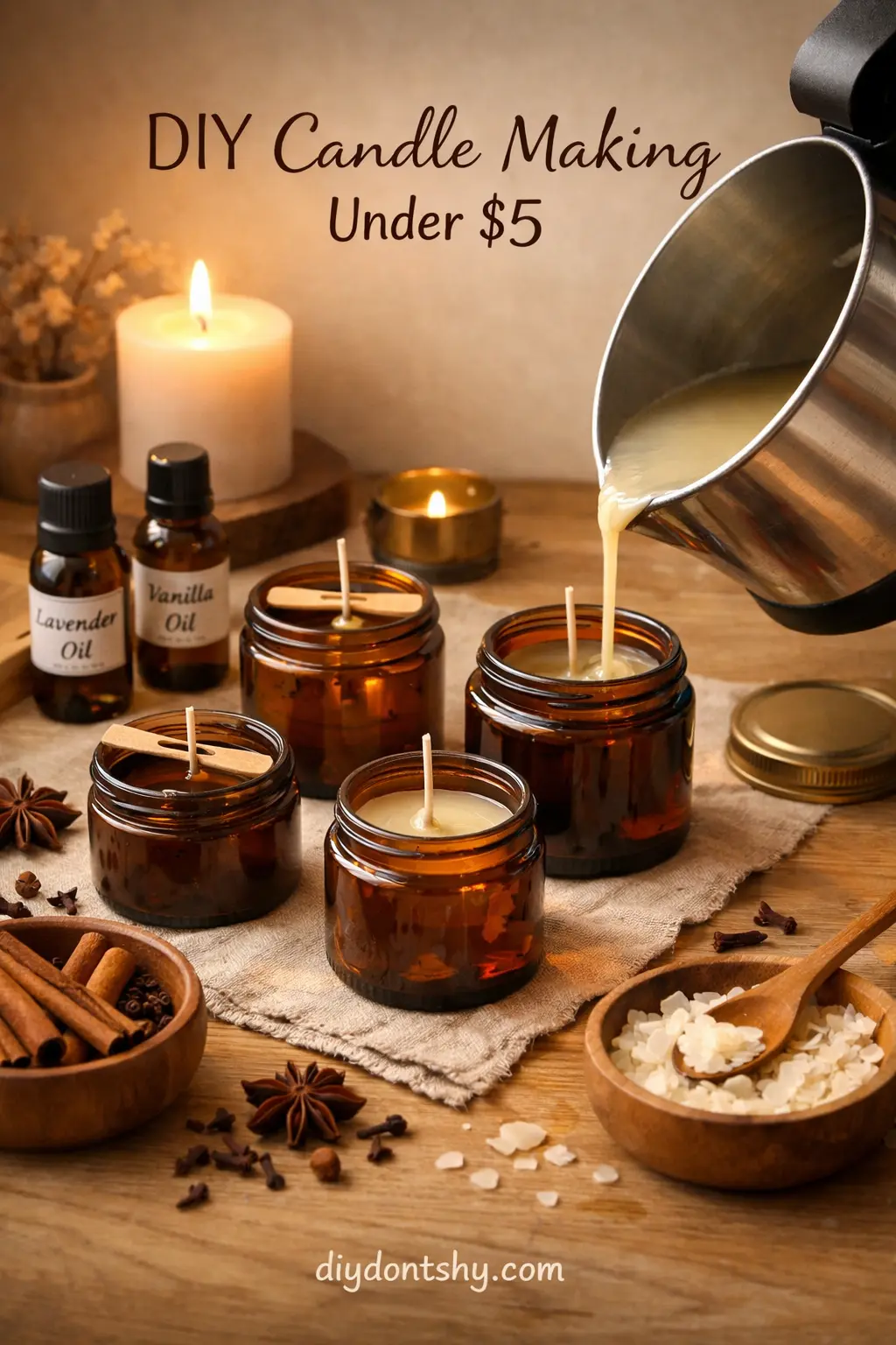DIY scented candle making process using simple affordable ingredients in a cozy setup