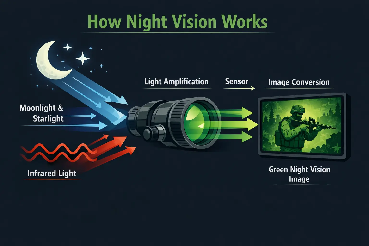 Diagram explaining how night vision technology captures infrared light and amplifies faint light sources