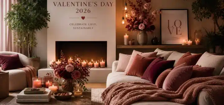 Modern Valentine's Day home decor ideas 2026 with cozy lighting and romantic textures.