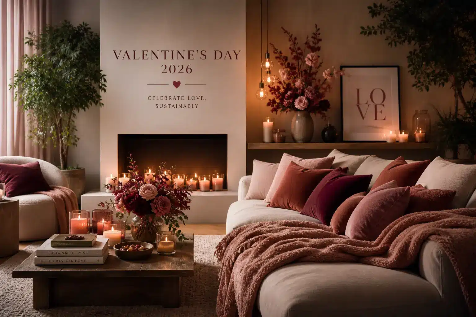 Modern Valentine's Day home decor ideas 2026 with cozy lighting and romantic textures.