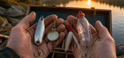 Handmade fishing lures made from household items displayed near a lake.