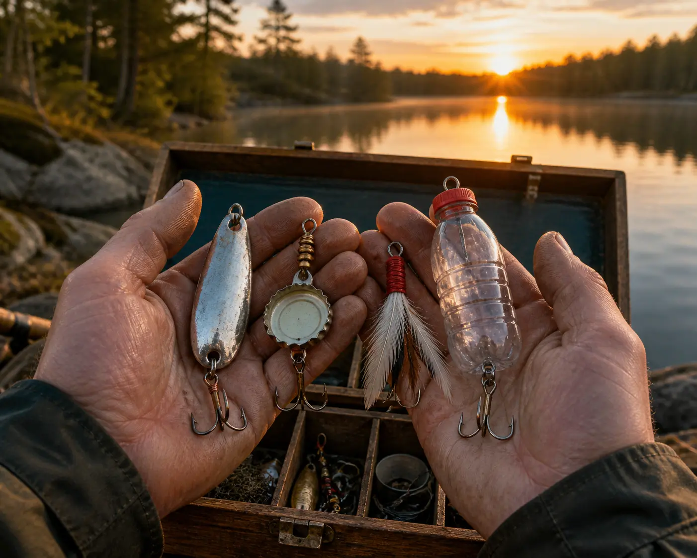 Handmade fishing lures made from household items displayed near a lake.