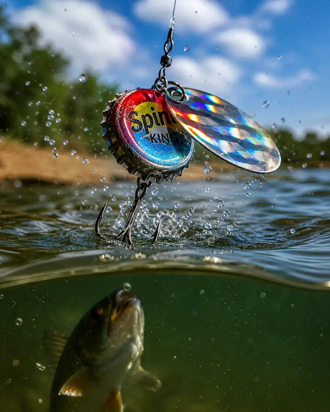 Bottle cap turned into a spinning fishing lure.