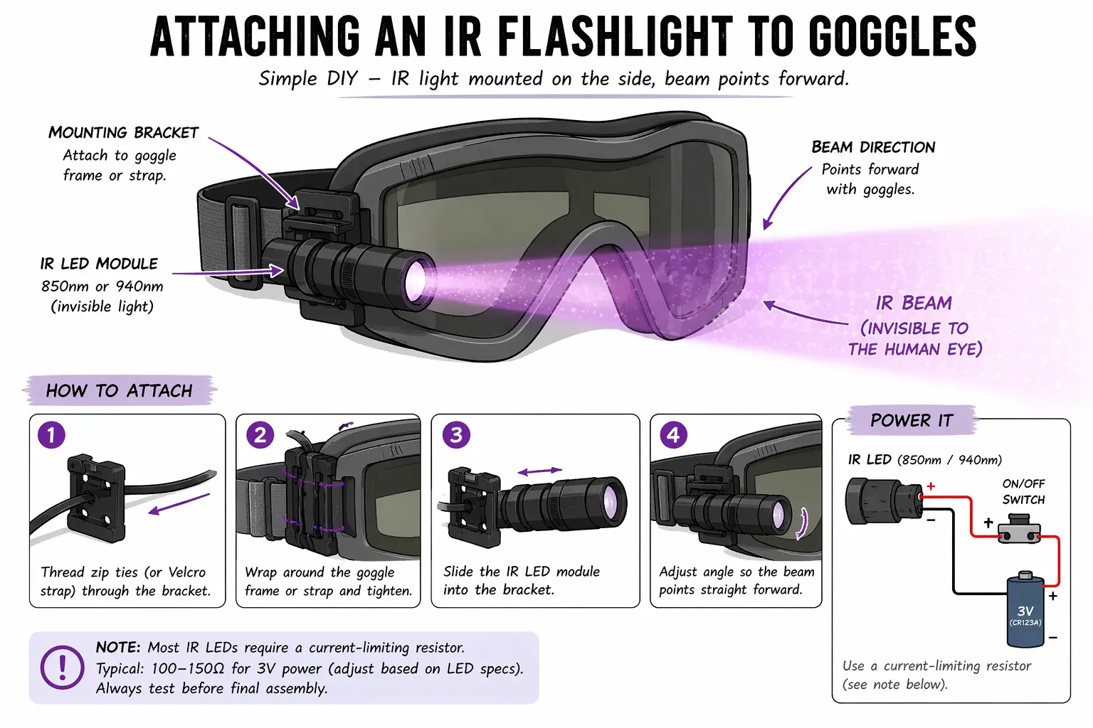 Attaching infrared flashlight to DIY goggles for night vision illumination