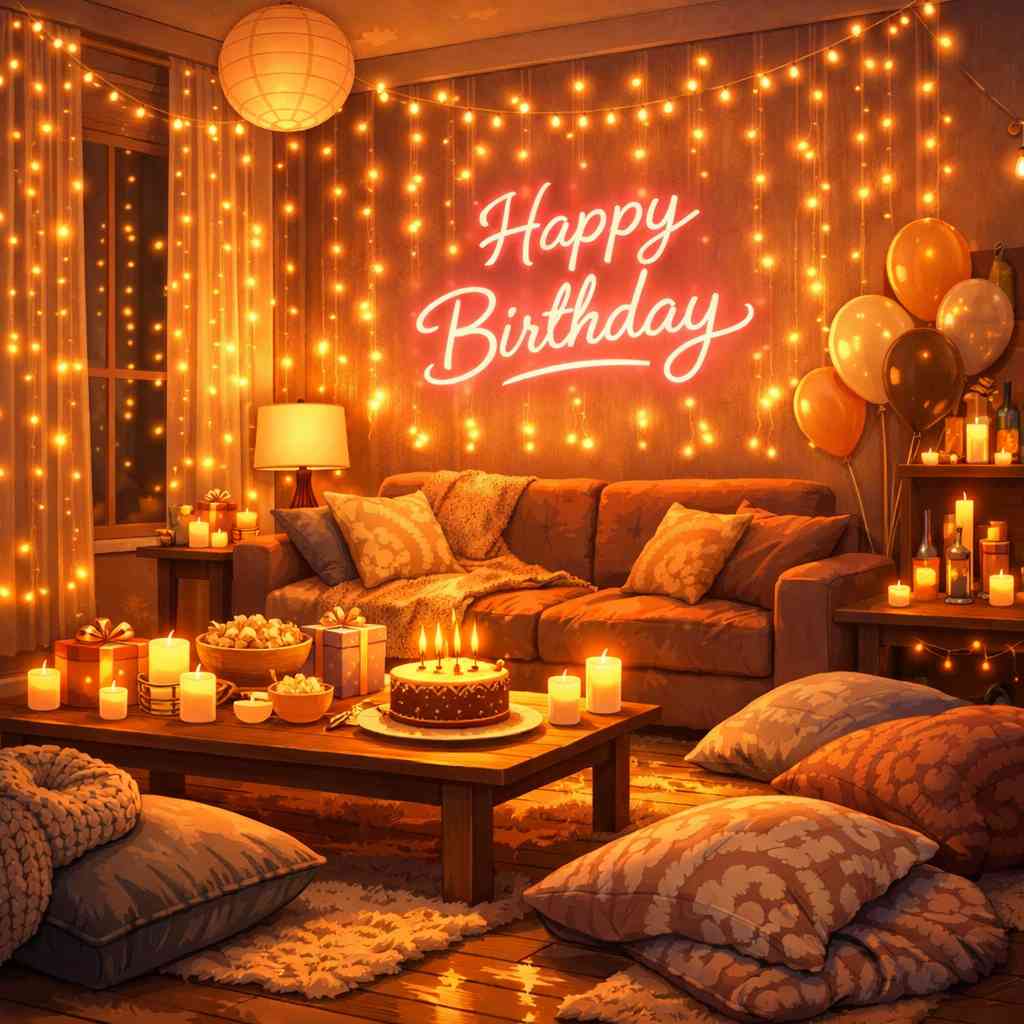 Warm lighting living room birthday party setup with fairy lights LED candles and neon sign creating cozy birthday atmosphere at home