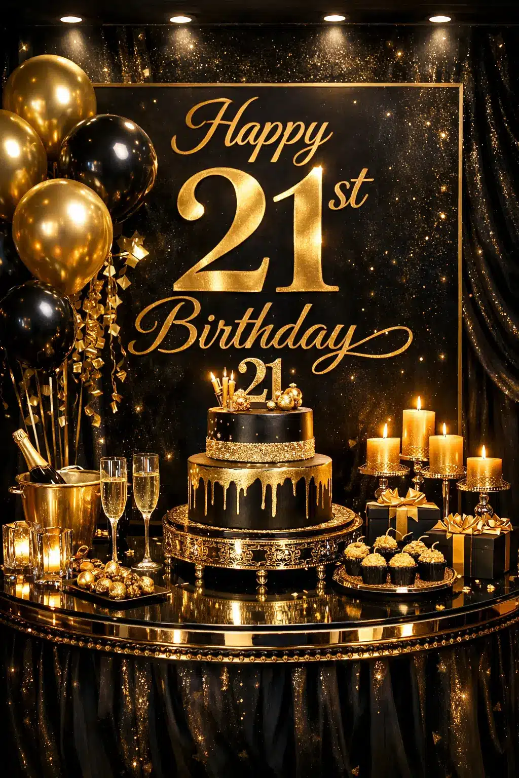 black and gold luxury 21st birthday sign with elegant party decoration
