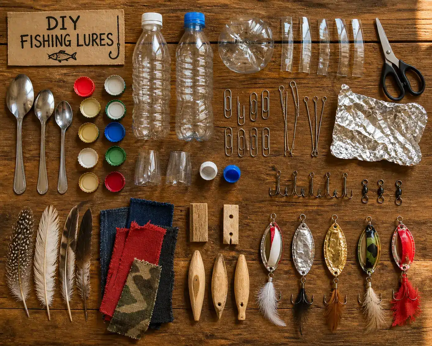 Household materials used for making DIY fishing lures.