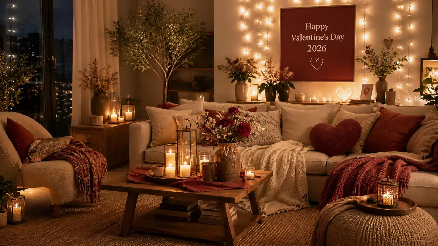 Cozy Valentine's Day living room decor with soft lighting and warm textures.