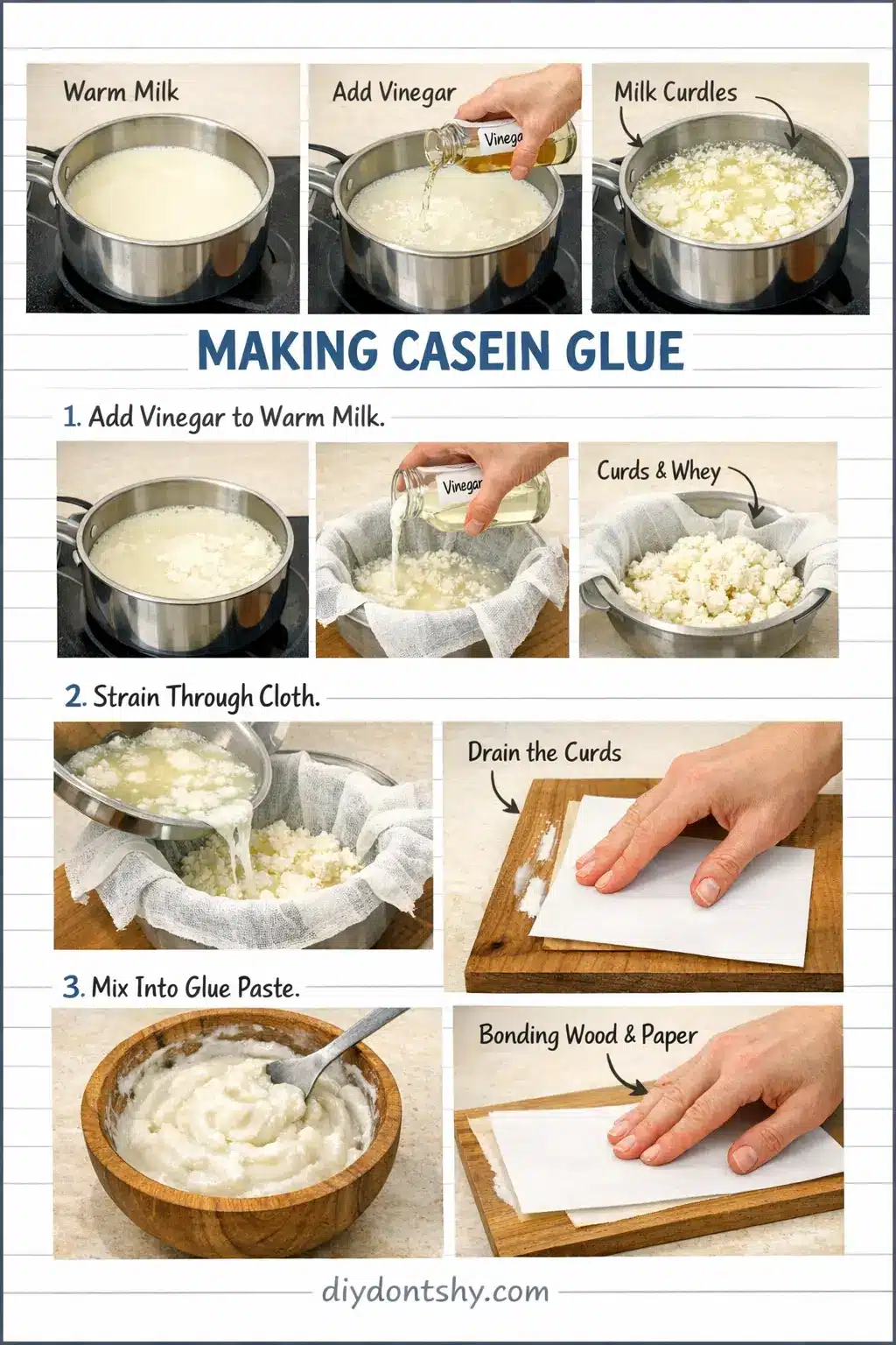 Step-by-step process of turning milk into casein glue using vinegar, filtering curds, and creating a natural adhesive.