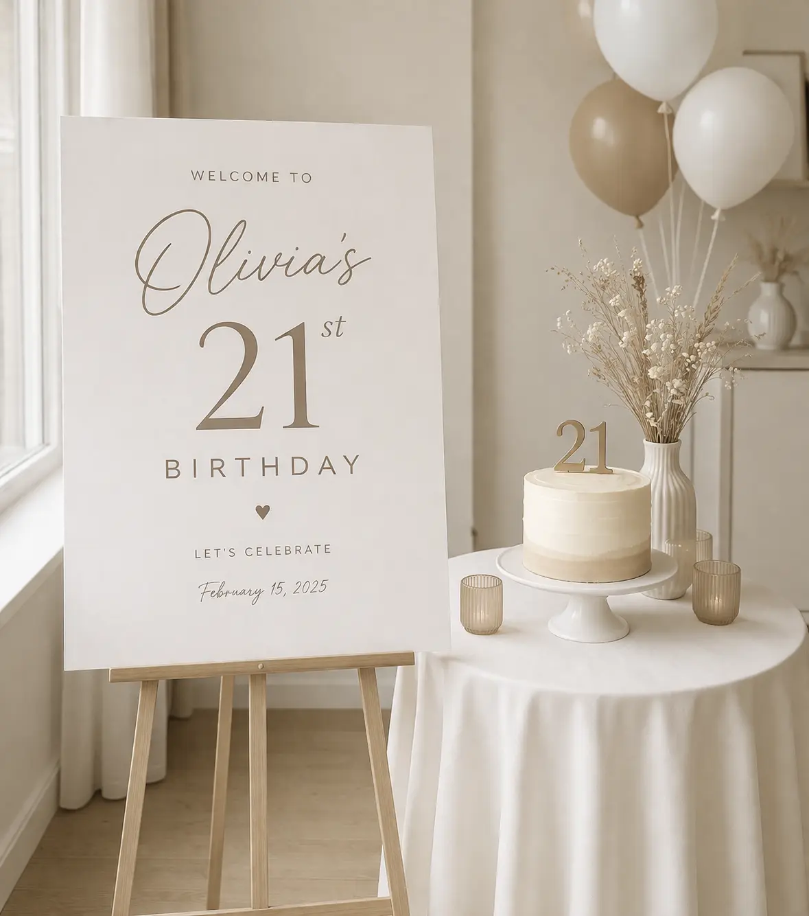 minimalist 21st birthday sign with neutral colors and elegant modern decor